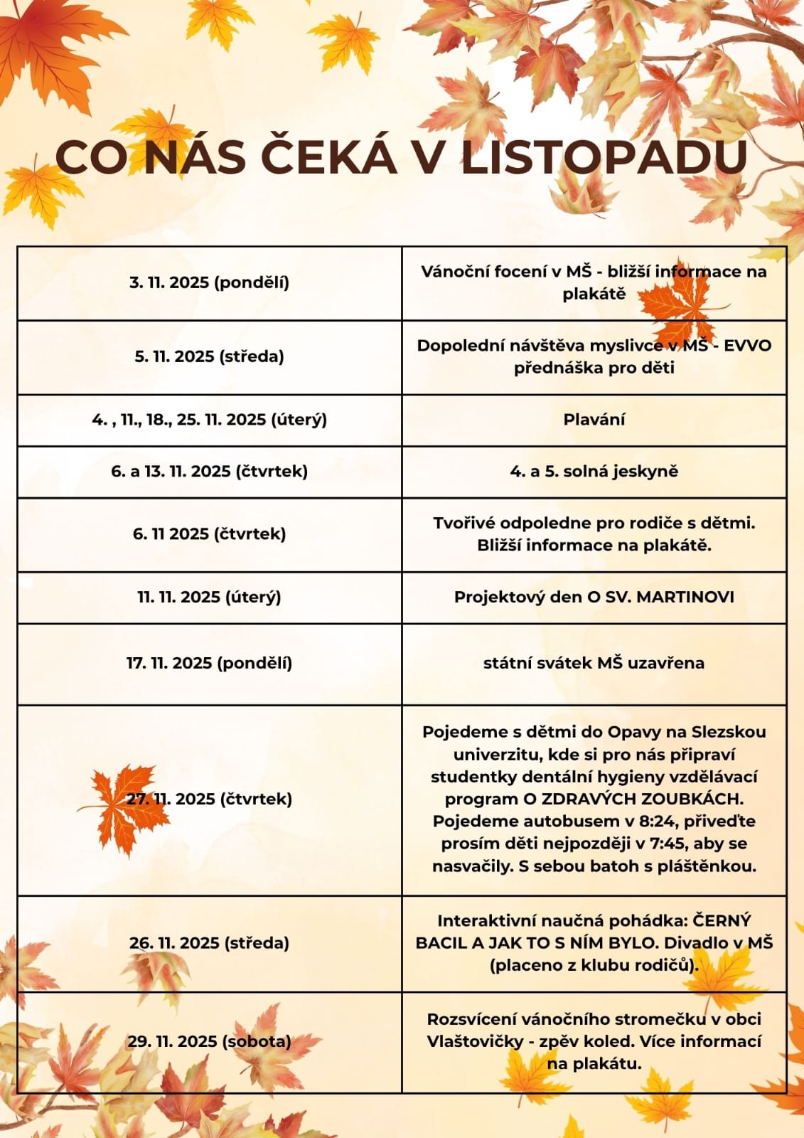 MŠ Vlaštovičky - Akce třídy v listopadu